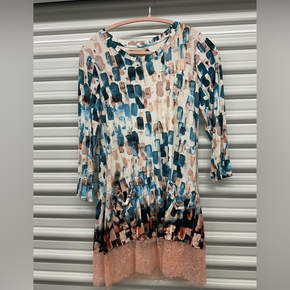 LOGO by Lori Goldstein Tops - LOGO by Lori Goldstein Multicolor Abstract Tunic with Lace Hem
